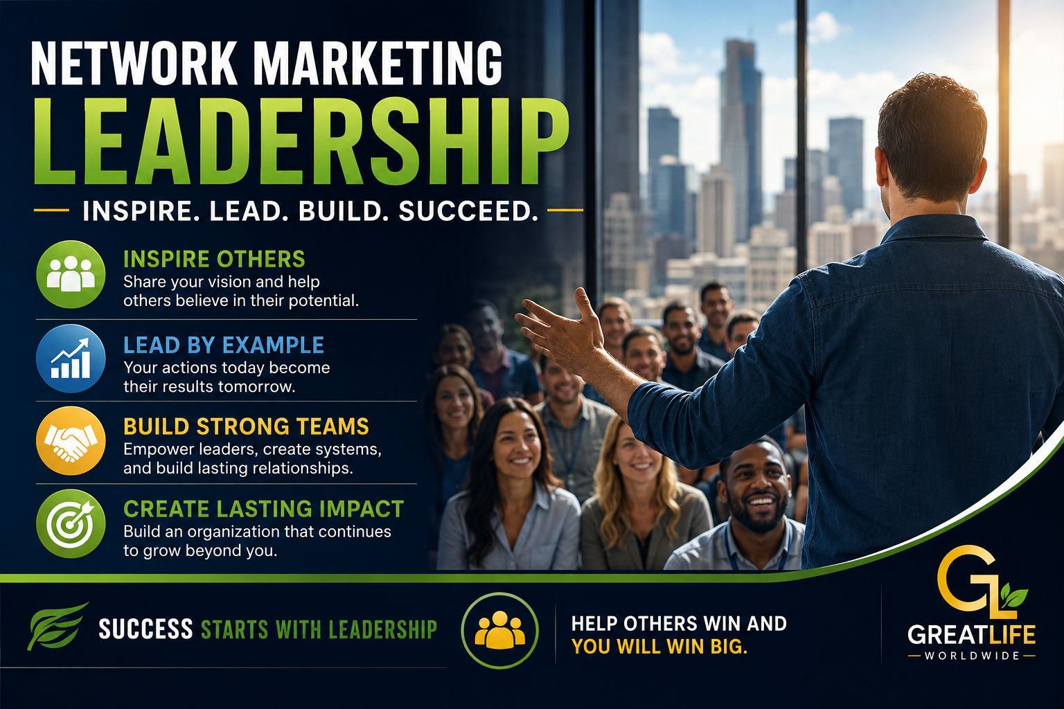 Network marketing leadership featured image showing a leader inspiring and developing a successful MLM team
